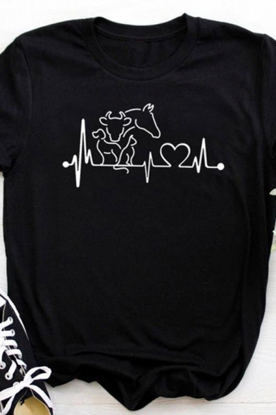 Cute Cartoon Animal Heartbeat Printed Short Sleeve Crew Neck Regular T-Shirt Top