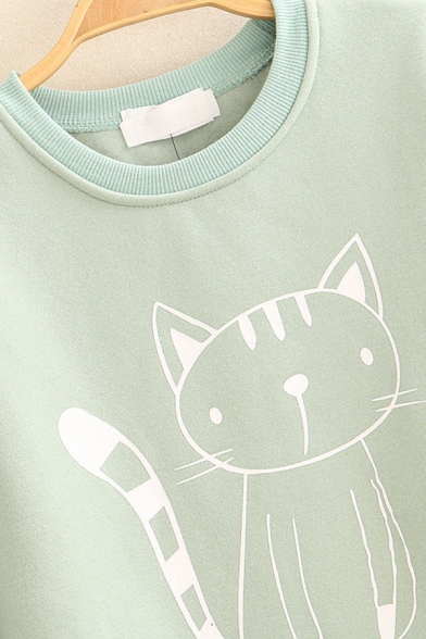 Cute Cat Print Long Sleeve Crew Neck Thick Pullover Sweatshirt for Juniors