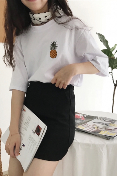 Cute Pineapple Printed Half Sleeve Round Neck Loose Fit T-Shirt