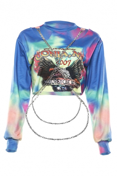 Funny CONIA NH Letter Eagle Printed Tie Dye Cutout Cross Chain Decoration Cropped Sweatshirt