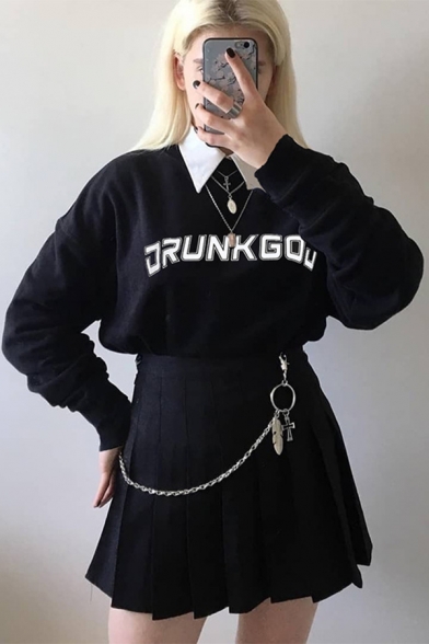 Funny Letter DRUNK GOD Printed Contrast Collar Long Sleeve Fitted Black Cropped Pullover Sweatshirt