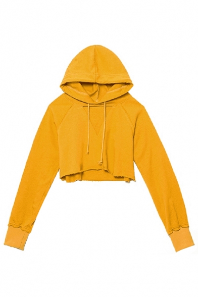 Girl Sexy Triangle Hollow Out Long Sleeve Plain Yellow Cropped Loose Drawstring Hoodie