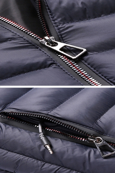 Guys Navy Zipper Ribbon Embellished Long Sleeve Zip Closure Slim Fit Padded Short Puffer Coat with Hood