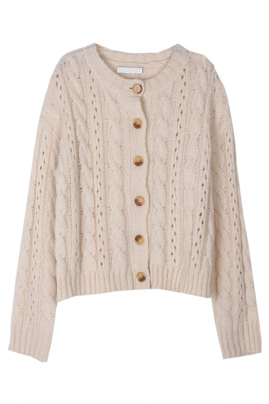 Ladies Beige Plain Single Breasted Long Sleeve Loose Fit Cable Knit Cardigan Coat