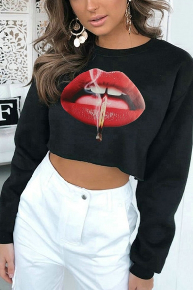 Ladies Sexy Lip Printed Long Sleeve Round Neck Loose Cropped Sweatshirt