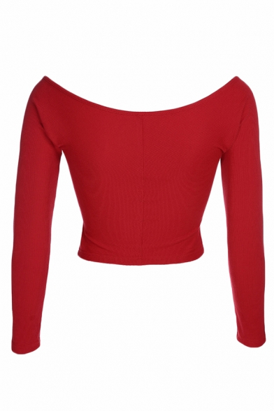 Ladies Sexy Wine Red Chest-Front Pleated Cross Square Neck Long Sleeve Cropped Knit Sweater Top