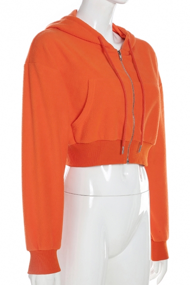Ladies Simple Orange Solid Color Long Sleeve Zip Up Plush Cropped Hoodie