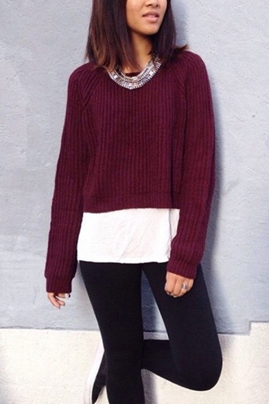 Ladies Solid Color Wine Red Long Sleeve Chunky Knitted Crop Pullover Sweater