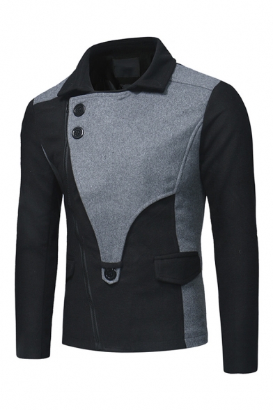 Men's Designer Cut and Sew Color Block Button Embellished Inclined Zip Split Back Slim Fit Wool Jacket