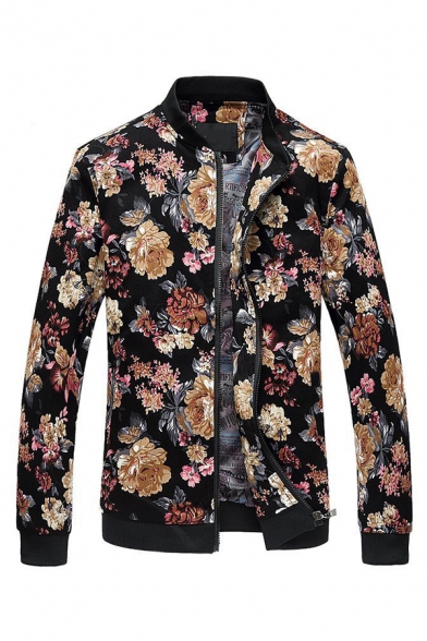 Mens Casual Allover Flower Pattern Long Sleeve Stand Collar Zip-up Slim Vintage Baseball Jacket