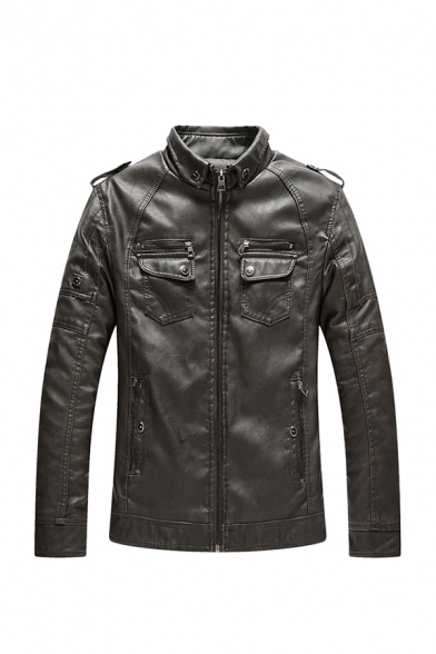 Mens Casual High Neck Long Sleeve Zip Up Teddy Lined PU Leather Trucker Jacket with Pocket