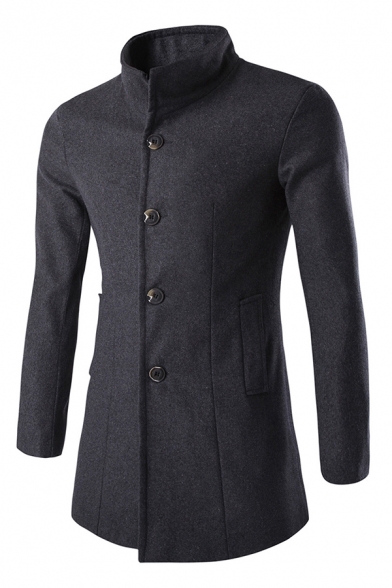 Mens Casual Plain Stand Up Collar Single Breasted Long Sleeve Longline Wool Coat