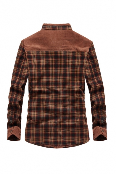 Mens Fashion Plaid Panel Stand Collar Long Sleeve Snap Button Front Sherpa Lined Thick Shirt Jacket Coat