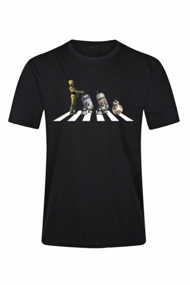 Mens Fashion Robots Zebra Crossing Printed Short Sleeve Black Fitted T-Shirt