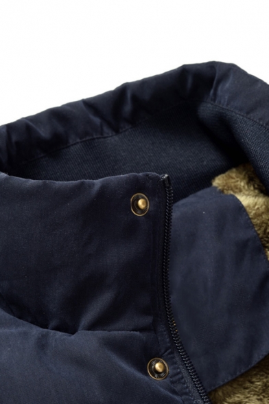 Mens Fashionable Navy Blue Stand Up Collar Snap Button Front Thick Padded Vest Outdoor Coat