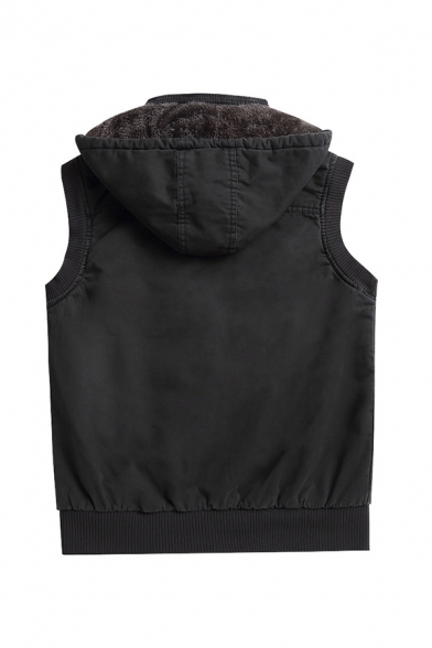 Mens Plain Simple Sleeveless Flap Pocket Zip Up Hooded Thick Cargo Vest Waistcoat