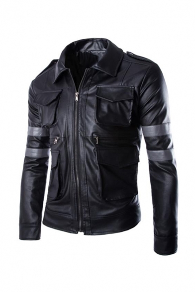 Mens Popular Long Sleeve Zip Up Multi-Pocket Slim Fit Epaulets Embellished Varsity-Stripe Faux Leather Jacket