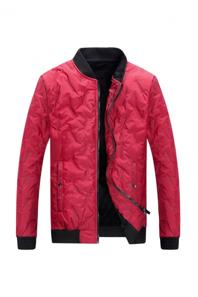 Mens Stylish Stand Collar Long Sleeve Button Decoration Zip Up Slim Fit Red Quilted Baseball Jacket
