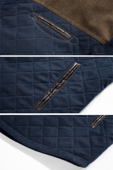 New Arrival Long Sleeve Stand Collar Snap Button Front Color Block Corduroy Patch Quilted Fitted Casual Jacket