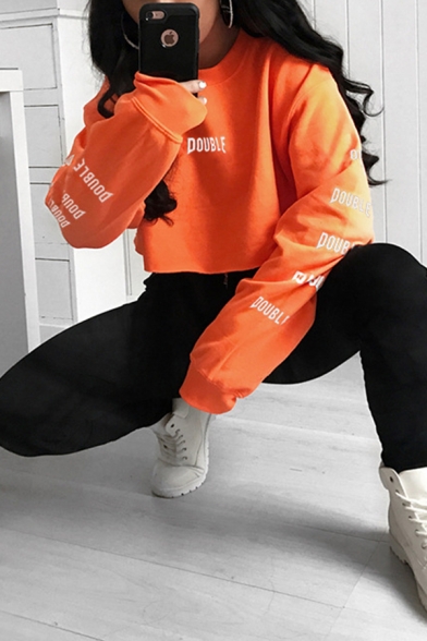 Orange DOUBLE Printed Long Sleeve Round Neck Casual Loose Cropped Sweatshirt