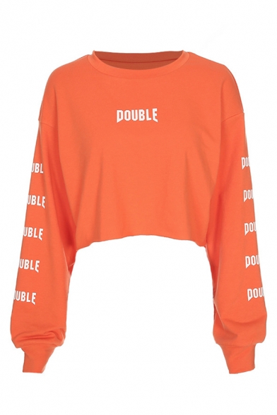 Orange DOUBLE Printed Long Sleeve Round Neck Casual Loose Cropped Sweatshirt