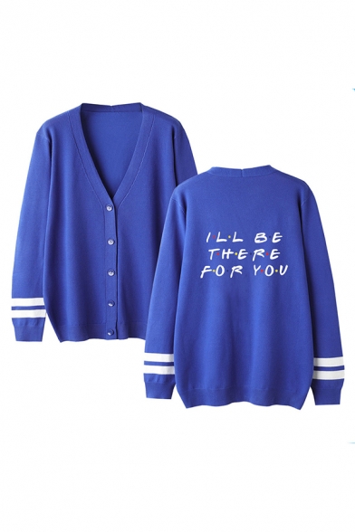 Popular Letter I'LL BE THERE FOR YOU Printed Back Stripe Long Sleeve Button Front Loose Cardigan Coat