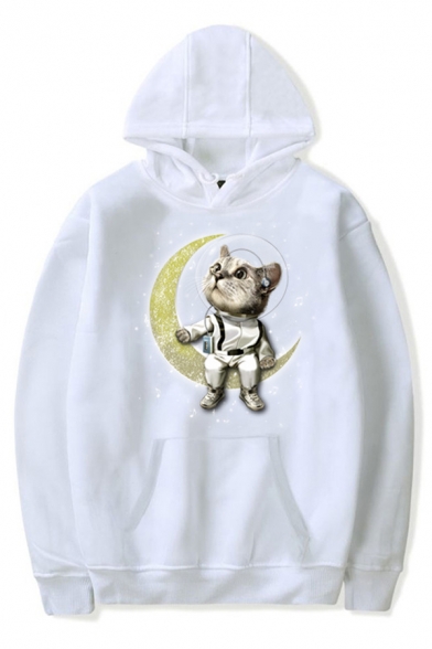 Unisex Glitter Moon Cat Print Long Sleeve Pouch Pocket White Boxy Casual Hoodie