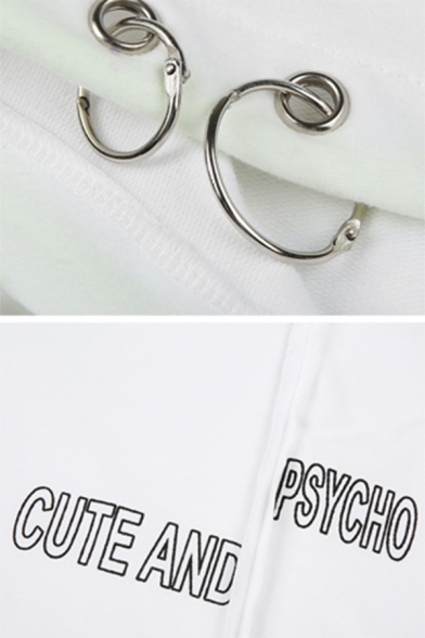 White Creative Letter CUTE AND PSYCHO Printed Eyelet Embellished Drawstring Hood Long Sleeve Crop Hoodie