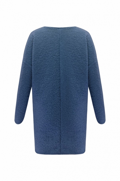 Winter Fashion Long Sleeve Open Front Plain Fuzzy Fleece Cardigan Coat with Big Pocket