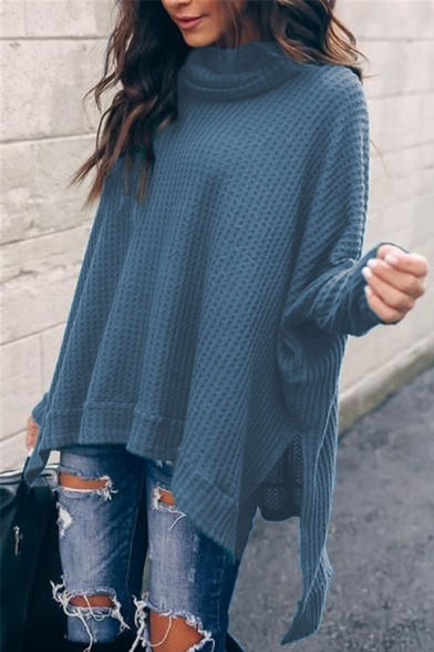 Winter Fashion Turtle Neck Long Sleeve High Low Hem Side Split Basic Plain Pullover Sweater