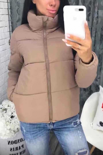 Winter Popular Plain Stand Collar Long Sleeve Zip Up Short Down Coat for Women