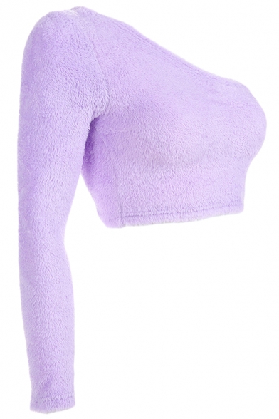 Women's Simple Solid Purple One-Shoulder Long Sleeve Fluffy Knit Sexy Cropped Sweater Top