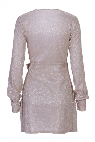 Womens Bling Bling Fashion Plain V-Neck Long Sleeve Tied Waist Faux Pearl Embellished Mini Wrap Dress
