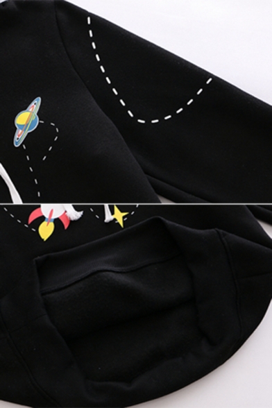 Womens Casual Cartoon Rocket Printed Long Sleeve Kangaroo Pocket Drawstring Hoodie