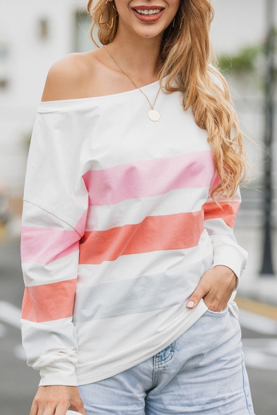 Womens Casual Colorblock Striped Printed One Shoulder Long Sleeve Loose Fit Sweatshirt Top