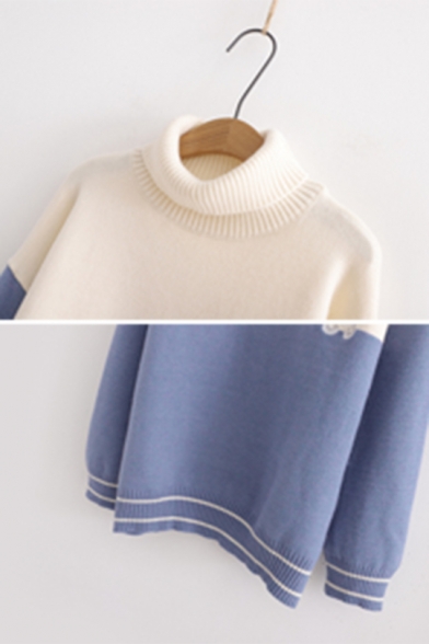 Womens Casual Cute Rabbit Printed Color Block Panel Long Sleeve Roll Neck Oversized Pullover Knitted Sweater
