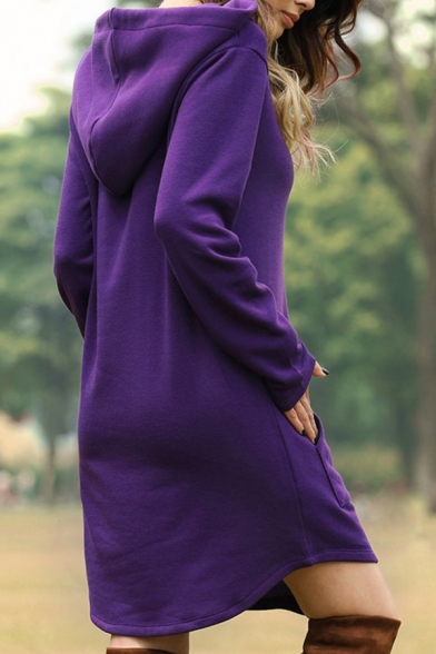 Womens Casual Plain Pouch Pocket Arc Hem Oversized Longline Hoodie Midi Dress