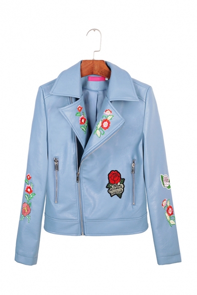 Womens Chic Floral Embroidery Printed Notched Lapel Long Sleeve Oblique Zip Short PU Motor Jacket
