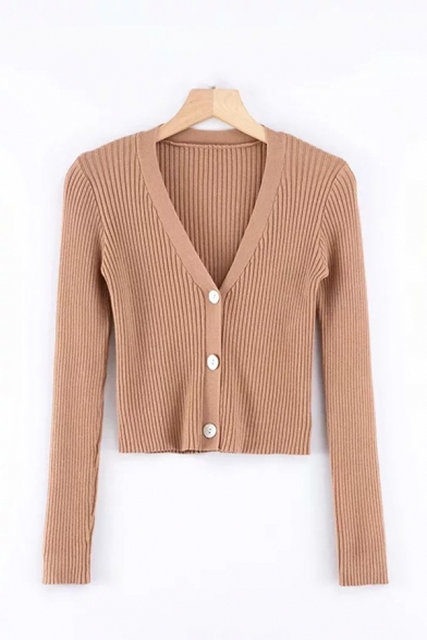 Womens Chic Plain Single-Breasted Long Sleeve Ribbed Knit Cropped Sweater Cardigan Coat