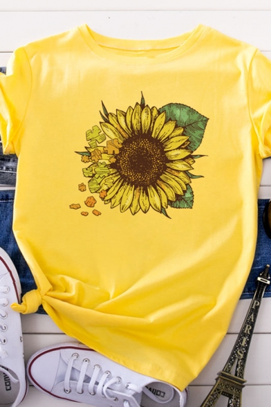 Womens Chic Sunflower Pattern Rolled Short Sleeve Loose Fit Casual T-Shirt
