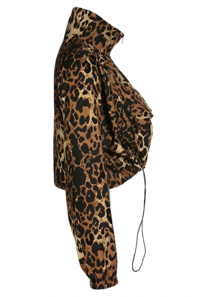 Womens Cool Leopard Printed Half Zip Long Sleeve Drawstring Hem Leisure Cropped Jacket