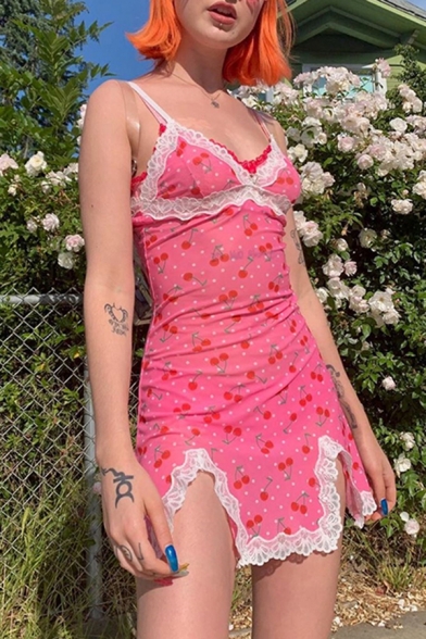 Womens Cute Pink Cherry Pattern Lace Trim Split Detail Slim Fit Sexy Mini Strap Dress