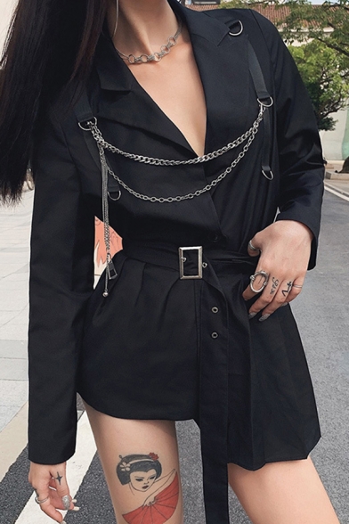 Womens Designer Black Long Sleeve Notched Lapel Collar Belted Blazer Dress