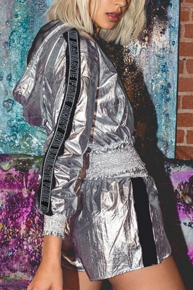 Womens Designer Silver Metallic Letter Tape Printed Long Sleeve Drawstring Hem Zip Up Cropped Hooded Jacket