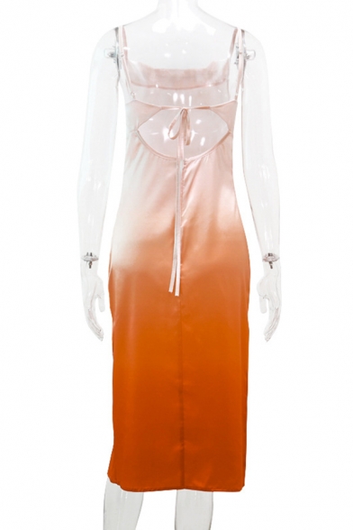 Womens Fashion Orange Ombre Spaghetti Strap Side Split Midi Cami Dress