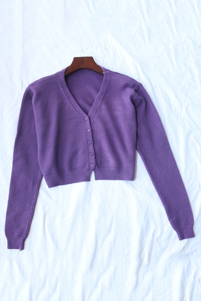 Womens Fashion Purple Single Breasted Long Sleeve Cropped Knit Cardigan Coat