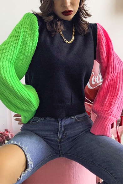 Womens Fashionable Color Block Lantern Sleeve Mock Neck Casual Knit Pullover Sweater