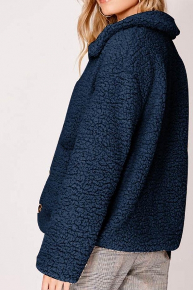 Womens Fashionable Solid Color Lapel Collar Long Sleeve Big Pocket Sherpa Warm Coat