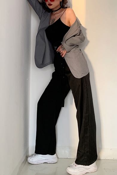Womens Retro Grey Notched Lapel Long Sleeve Double Button Loose Fit Herringbone Blazer Suit