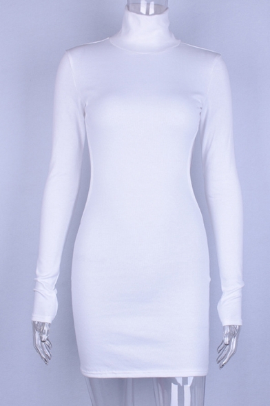 Womens Sexy Plain High Collar Long Sleeve Backless Mini Bodycon Dress